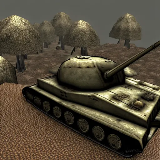 Image similar to wwii tank in morrowind, retro 3 d graphics, game screenshot