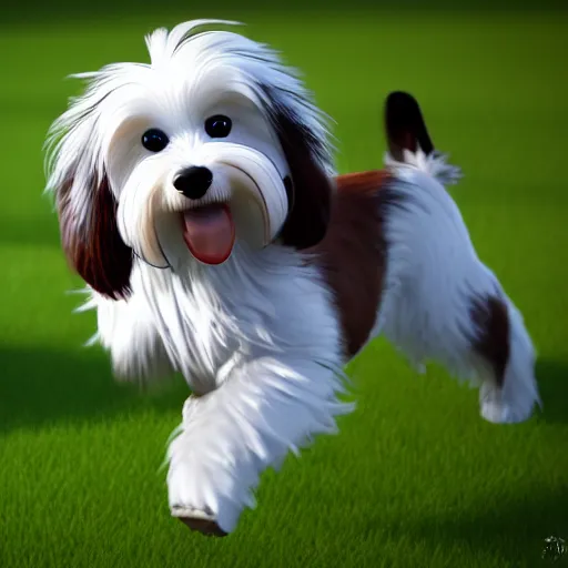 Prompt: a single parti colored white and brown havanese dog playing on a grassy field, detailed, octane render, 4 k