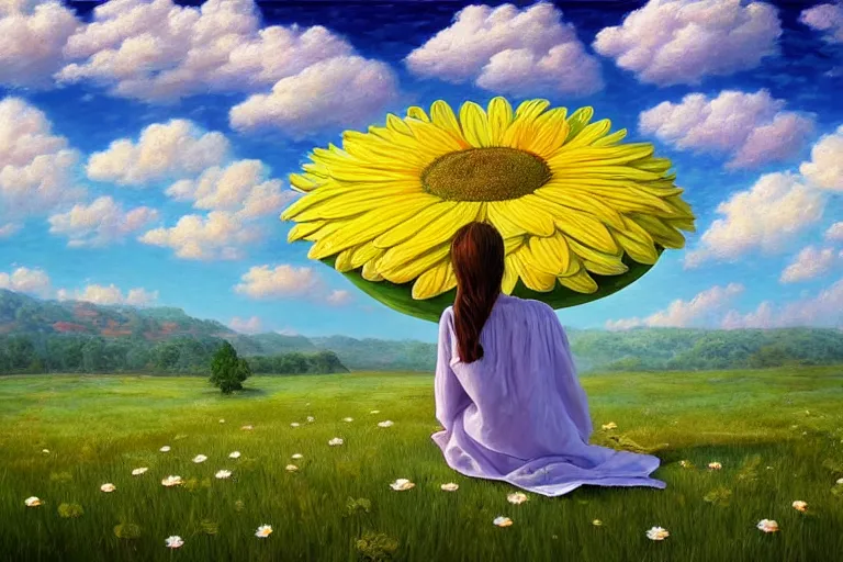 Image similar to giant daisy flower head, woman sitting, surreal, clouds in sky, impressionist painting, digital painting, artstation, rob gonsalves