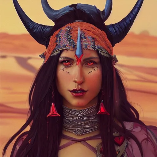 Prompt: portrait of a berber tiefling woman with red skin, devil horns and black hair in a ponytail in a desert, fantasy, highly detailed, digital painting, artstation, concept art, character art, art by greg rutkowski, tyler jacobson, alphonse mucha, ross tran and makoto shinkai