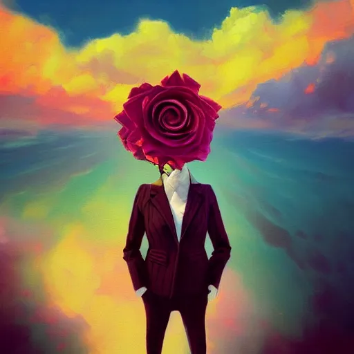 Image similar to closeup, giant rose flower head, frontal, girl in a suit, surreal photography, sunrise, blue sky, dramatic light, impressionist painting, digital painting, artstation, simon stalenhag