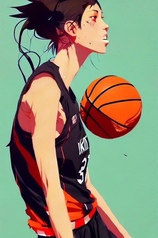 Image similar to a ultradetailed beautiful panting of a woman playing basketball, by conrad roset, greg rutkowski and makoto shinkai, trending on artstation