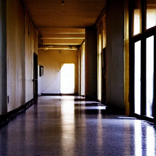 Prompt: empty chairs in a long hallway