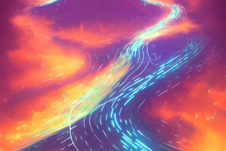 Image similar to an impression of data lines flowing in space, light spots flowing alongside the lines, implying the flow of ever long connection, trending on artstation, flowing within an interstater clouts!, making it's way across the vast universe, by cyril rolando