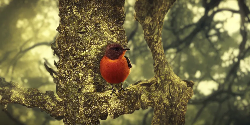 Image similar to a close - up photographic picture of a bird on a tree, photographic filter, unreal engine 5, realistic, hyperdetailed, 8 k, cinematic, volumetric lighting, very realistic effect, hd, hdr, 4 k, sharp focus, octane render, ultra detailed, high resolution, trending on artstation in the style of albert dros glowing rich colors powerful imagery