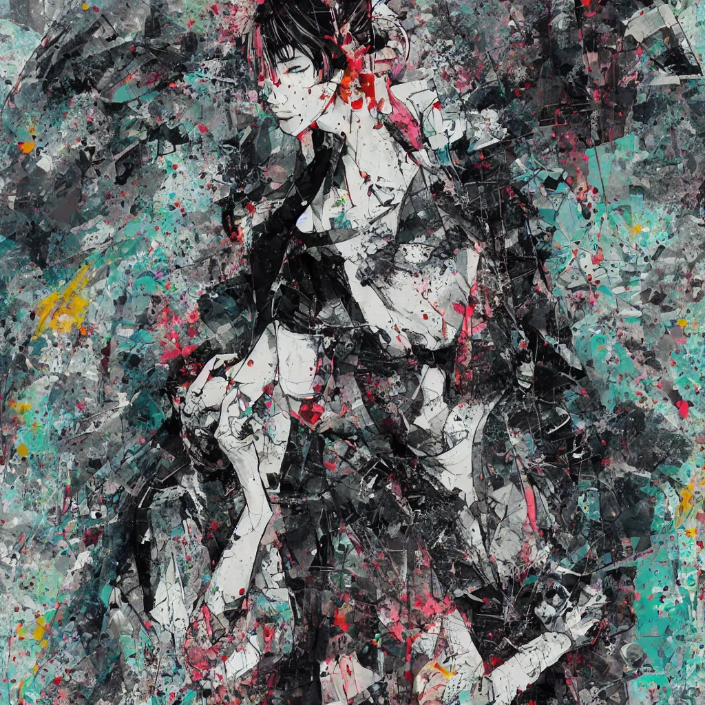 Image similar to girl figure, abstract, jet set radio artwork, ryuta ueda artwork, cryptic, rips, spots, asymmetry, stipple, lines, glitches, color tearing, pitch bending, stripes, dark, ominous, eerie, hearts, minimal, points, otomo katsuhiro artwork, technical, natsumi mukai artwrok, folds