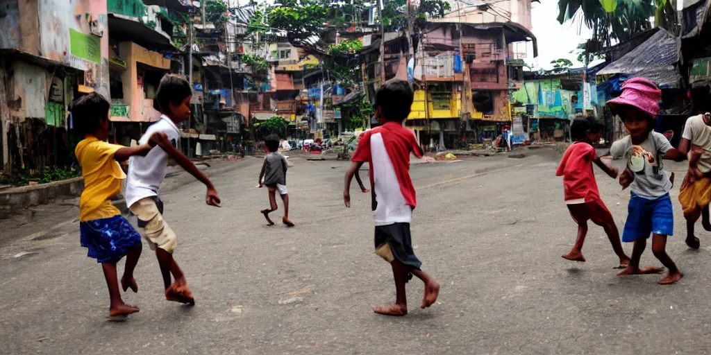Image similar to sri lankan kids playing in colombo sri lanka city, drawn by hayao miyazaki