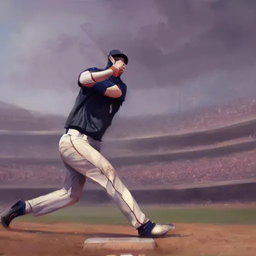 Image similar to baseball player hitting the ball with the baseball bat in the middle of the game and in front of everyone in the stadium, james gurney painting style, greg rutkowski, artstation