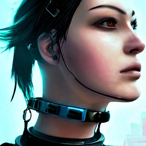 Image similar to detailed realistic female character cyberpunk wearing thick steel collar around neck, realistic, art, beautiful, 4K, collar, choker, collar around neck, punk, artstation, detailed, female, woman, choker, cyberpunk, neon, punk, collar, choker, collar around neck, thick collar, choker around neck, wearing choker, wearing collar, eyes, thick collar,