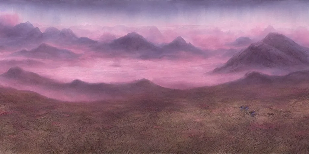 Prompt: Artwork by John Howe of the cinematic view of Xu, a dark planet of dark timberlands, windy scrublands, and mystic valleys, beneath heavy pink clouds.