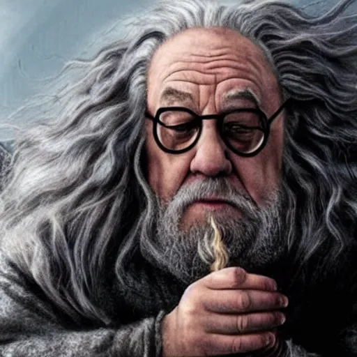 Image similar to danny devito starring as gandalf the white in the 2 0 2 4 lord of the rings movie, full body, hyper realistic, high quality, wide angle, always sunny in philadelphia