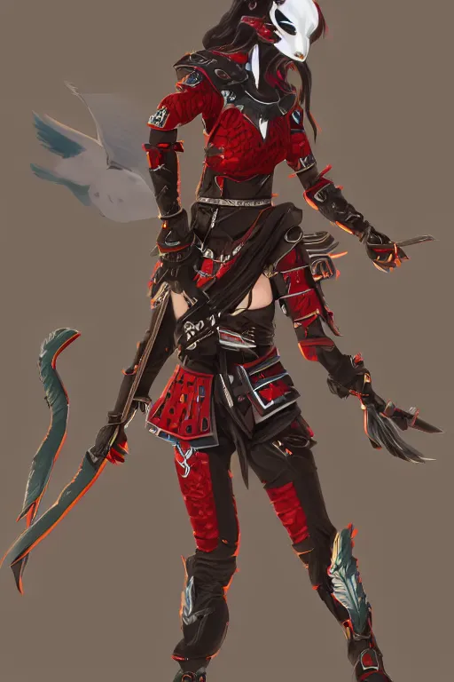 Prompt: female adventurer in tight full - body teal leather armor of japanese design with red accents and a white porcelain crow mask, trending in artstation, japanese, artstation, big moon in the background, establishing shot