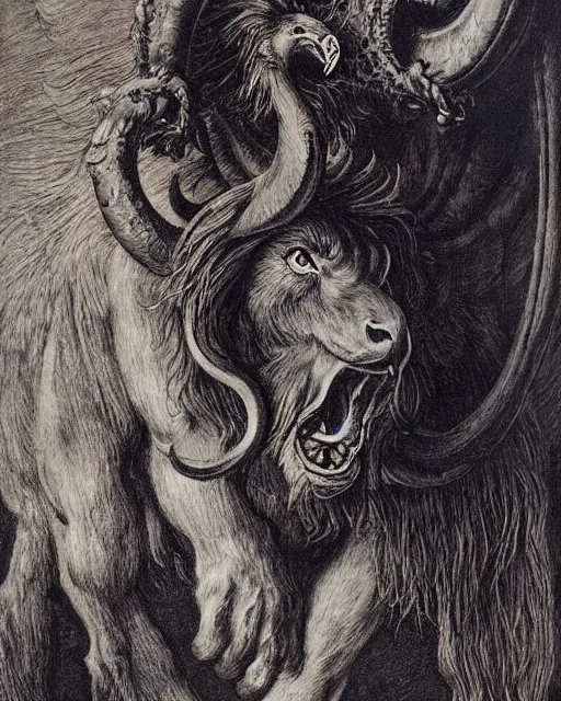 Prompt: a creature with the body and eyes of a man, with the beak of an eagle, the mane of a lion, and the horns of an ox. drawn by jean delville