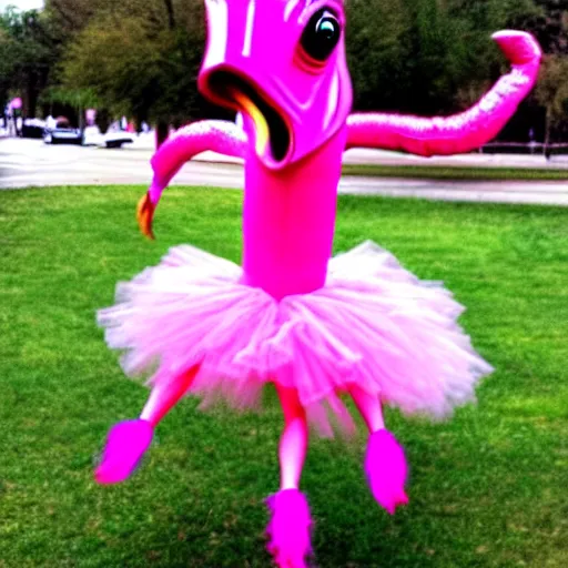 Image similar to jar jar binks in a tutu riding a pink flamingo into battle