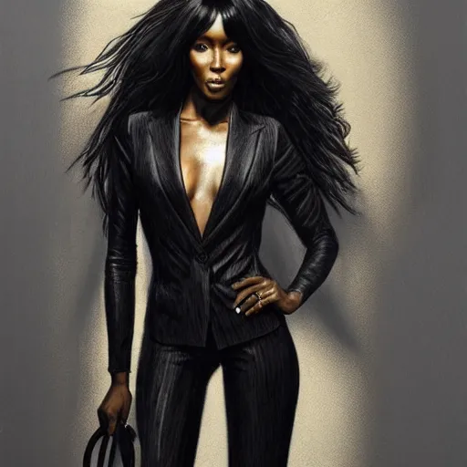 Image similar to full figure ultra realistic illustration, naomi campbell wearing a black pantsuit in a new york city office, intricate, elegant, highly detailed, digital painting, artstation, concept art, smooth, sharp focus, illustration, art by artgerm and greg rutkowski and alphonse mucha