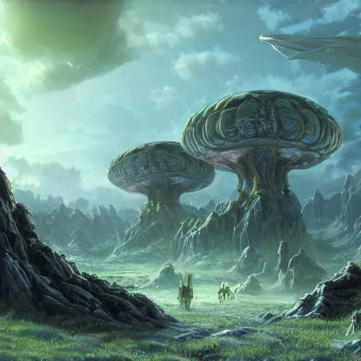 Image similar to aliens on a strange planet, fantasy art, matte painting