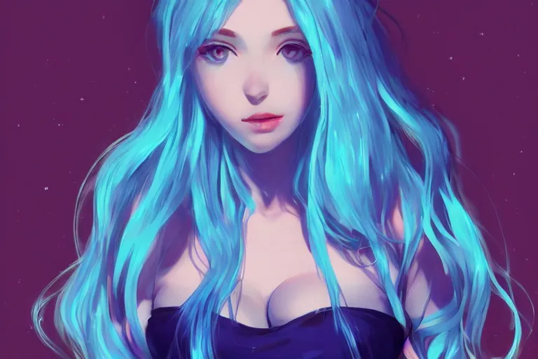 Image similar to Beautiful girl, full body, blue hair, symmetrically, smiling, black background, pixiv, trends artstation, artist WLOP artstation, artist Mam BA artstation