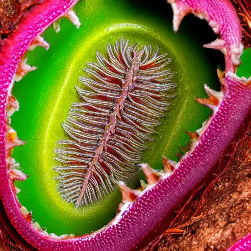 Prompt: a cross section of a carnivorous plant with sharp pointy teeth showing its roots underground, plant photography