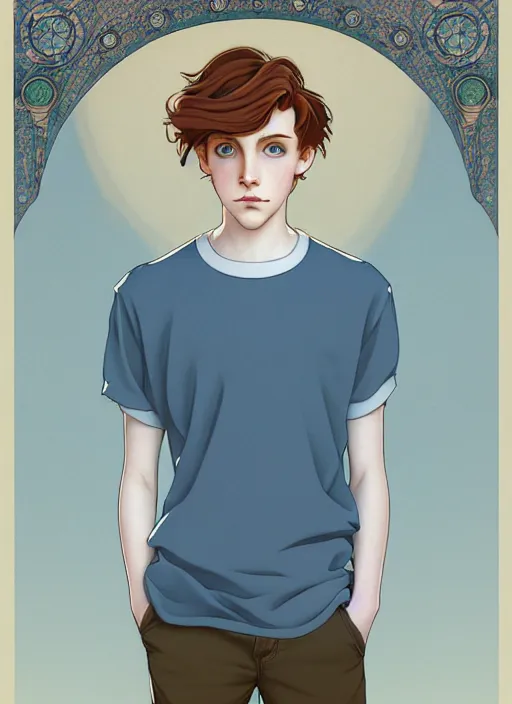 Prompt: art nouveau portrait of a teen boy with completely straight auburn hair, light blue eyes, pale skin, freckles, sad expression, t - shirt, modern casual clothing, natural lighting, path traced, highly detailed, high quality, cartoon, digital painting, by don bluth and ross tran and studio ghibli