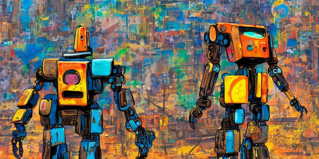 Image similar to colourful - damaged - giant mecha ROBOT of AJEGUNLE SLUMS of Lagos, markings on robot, Golden Hour, in the style of studio Ghibli,