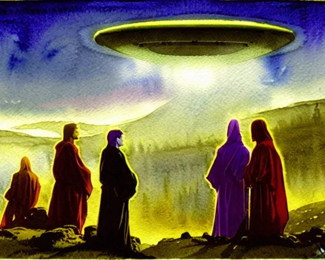 Prompt: a realistic and atmospheric watercolour fantasy character concept art portrait of a group of christians wearing robes and emerging from the mist on the moors of ireland at night. a ufo is in the sky. by rebecca guay, michael kaluta, charles vess and jean moebius giraud