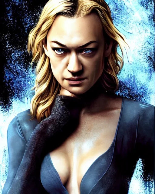 Image similar to yvonne strahovski, full shot, very anime, digital art, captures emotion and movement, ambient lighting, perfect composition, dynamic lighting, detailed face, very extremely detailed blue eyes, smooth shading