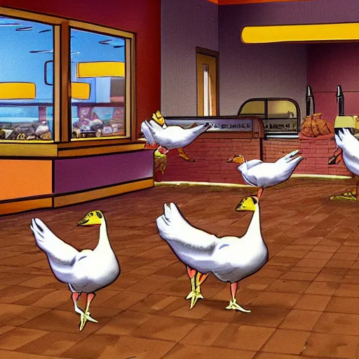 Prompt: five geese attacking a wendys resturant demanding chicken nuggets, digital art, sharp, realistic