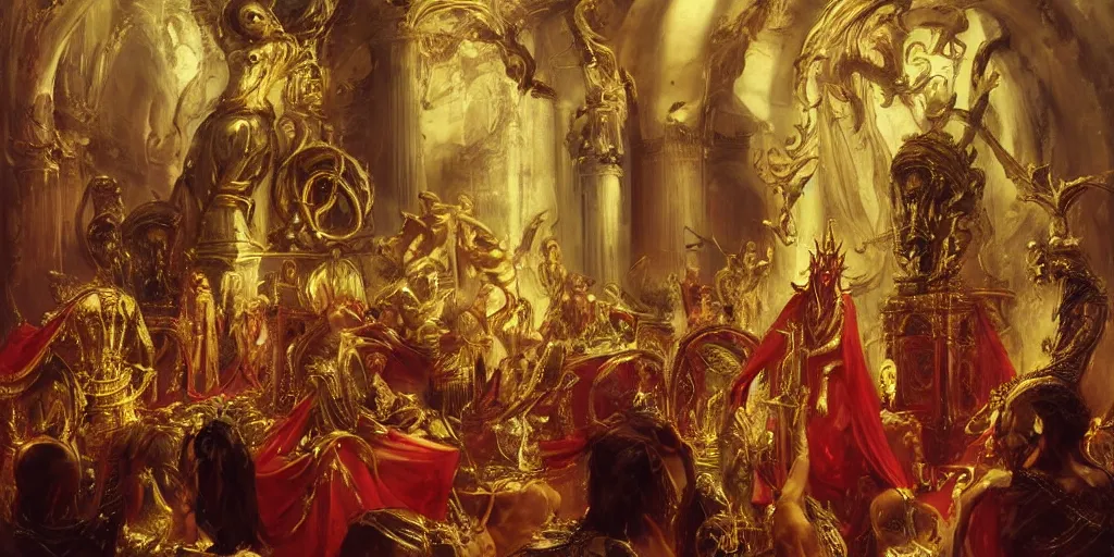 Image similar to beautiful oil painting, high details, alien in royal crimson robes enthroned as the alien god emperor of ancient civilization surrounded by servants in gilded halls a golden wreath upon his head, by anders zorn, wonderful masterpiece by greg rutkowski, beautiful cinematic light, american romanticism, by giger, rolf armstrong, ernie barnes