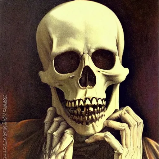 Prompt: the grim reaper, skeleton, oil painting, canvas, paul delaroche, alphonse mucha, arnold böcklin, very detailed, portrait