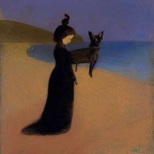 Prompt: a woman and her black chihuahua by the sea odilon redon