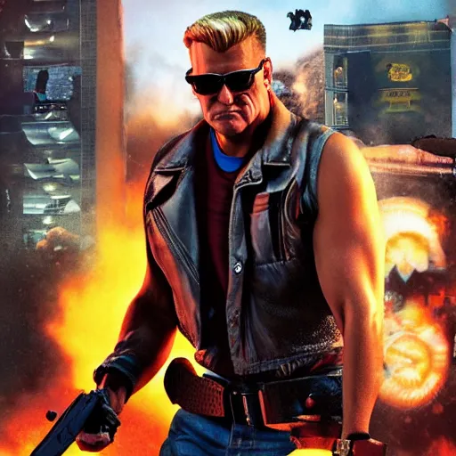 Prompt: [UHD candid photo of Duke Nukem on the streets of dystopian Las Vegas, correct face, accurate details, graphic detail, sharp focus by Annie Leibowitz]