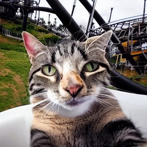 Image similar to selfie of a cat riding a roller - coaster