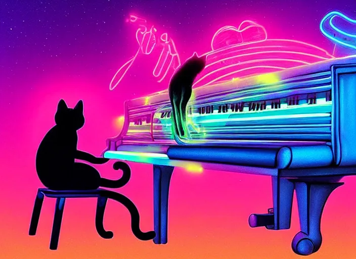 Prompt: cat [ playing a piano ], [ synthwave art style ]!!, trending on cgsociety, neon art style, [ bioluminescent colors ]!!, 4 k surrealism