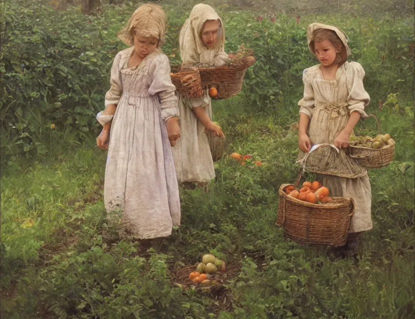 Image similar to 3 peasant girl picking vegetables from garden, cottage core, cinematic focus, polaroid photo bleached vintage pastel colors high - key lighting, soft lights, foggy, by steve hanks, by lisa yuskavage, by serov valentin, by tarkovsky, 8 k render, detailed, oil on canvas