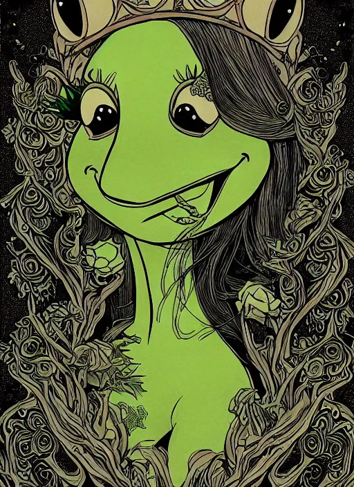 Image similar to behold the kermit the frog queen, digital illustration in a mixed style of serhiy krykun and ken taylor and takato yamamoto, inspired by gothic paintings and shoujo manga, surrounded by a torchlit cavern landscape, hyper detailed, stunning inking lines, flat colors, 4 k, hd, award winning, photorealistic