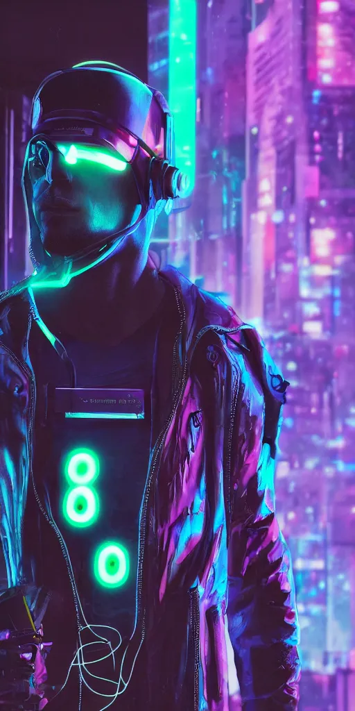 Image similar to cyberpunk neon man with visor ultrarealism