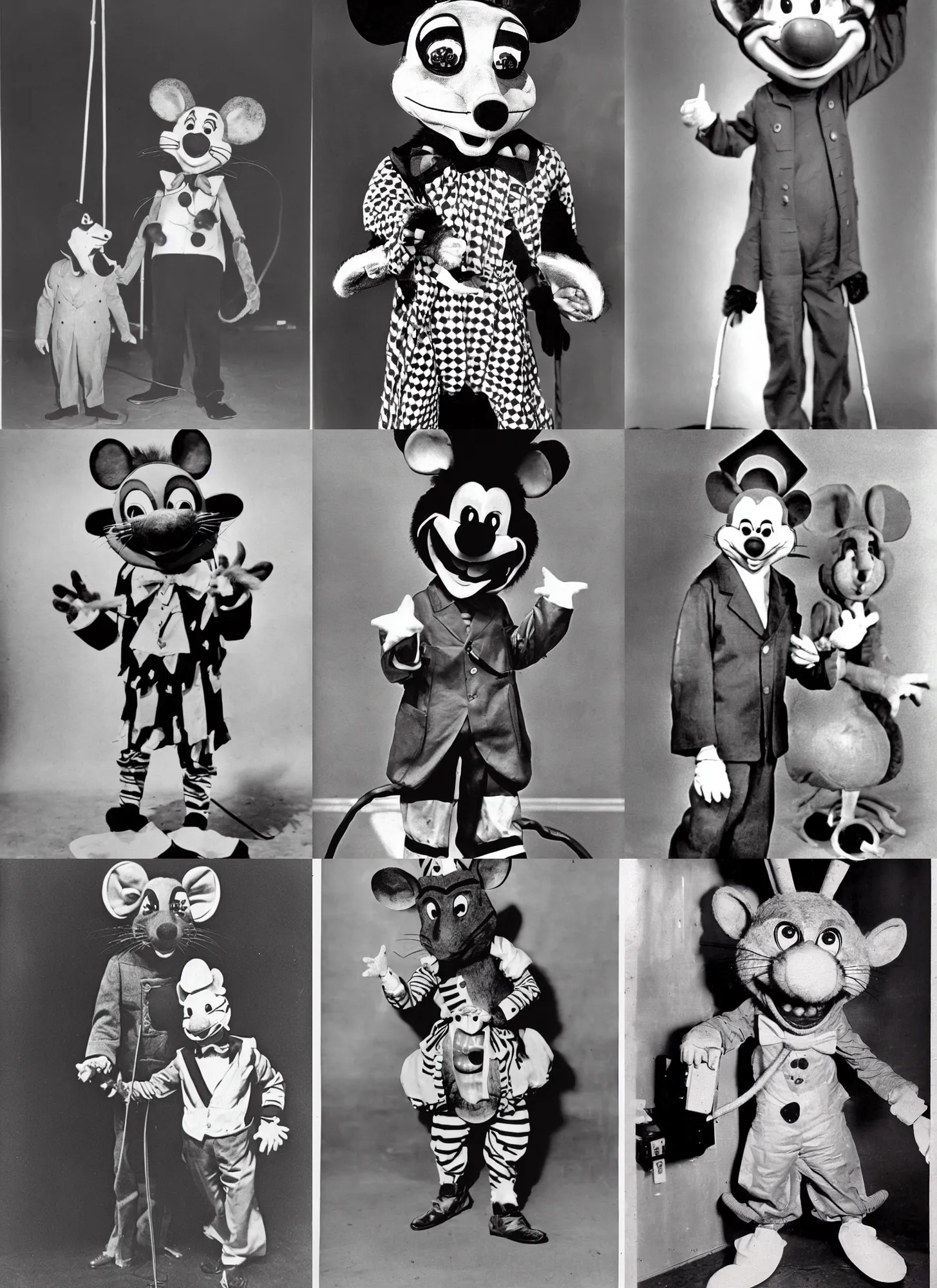 Prompt: Chuck E. Cheese mascot grainy 1940’s circus portrait of an anthropomorphic rat animatronic dressed like a clown, professional portrait HD, mouse, Chuck E. Cheese head, authentic, mouse, costume weird creepy, off putting, nightmare fuel, Chuck E. Cheese