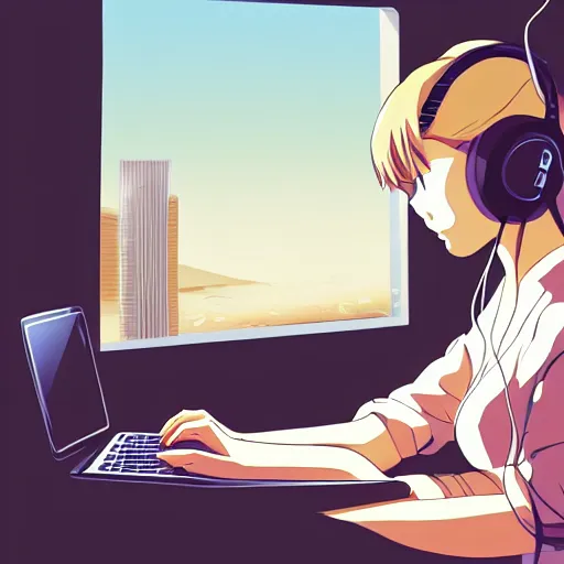 Image similar to a beautiful side view portrait of a beautiful girl sitting on her desktop writing something, headphones on, hand on her chin, nightlamp, digital art, anime, studio ghibli style, window and city background