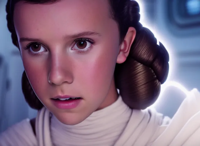 Prompt: film still of!!!! millie bobby brown!!! as princess leia in star wars movie, long braided hair pulled back, closeup portrait, wearing long white robe, deep focus, exploring interior of a science fiction garden on naboo, glamour pose, dramatic lighting, octane, mist, volumetric lighting, 8 k