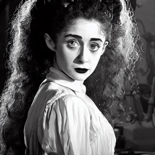 Image similar to natalia dyer as nancy wheeler in the bride of frankenstein, black and white