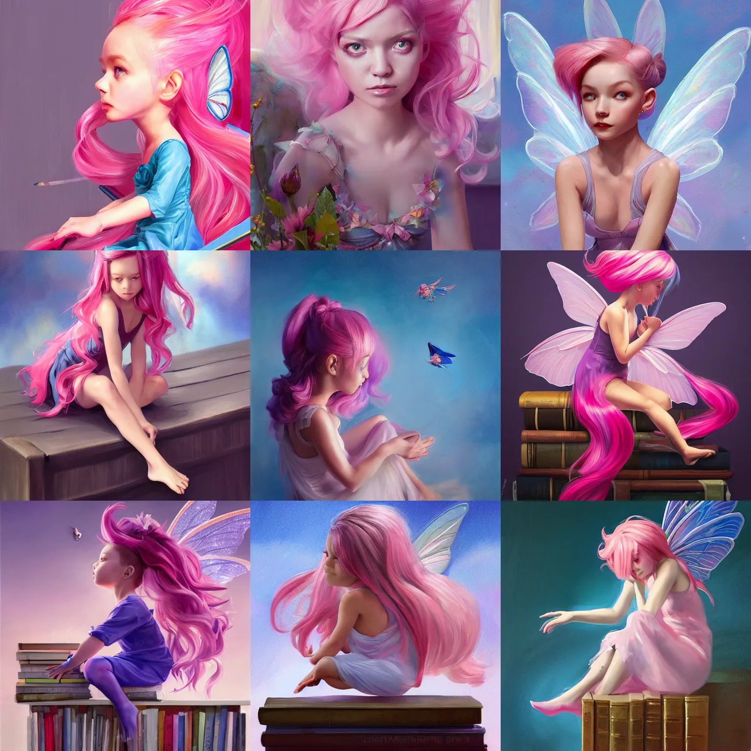 Prompt: a painting of a tiny fairy flying sitting on a bookshelf, ((((library interior)))), pink hair, blue dress, profile portrait, concept art by artgerm, alex ross, ruan jia, behance contest winner, vanitas, official art, poster art, concept art