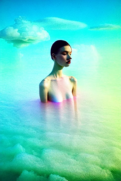 Image similar to high quality pastel coloured film close up wide angle photograph of a model wearing clothing swimming on cloud furniture in a icelandic black rock!! environment in a partially haze filled dreamstate world. three point light, rainbow. photographic production. art directed. pastel colours. volumetric clouds. pastel gradient overlay. waves glitch artefacts. extreme facial clarity. 8 k. filmic.