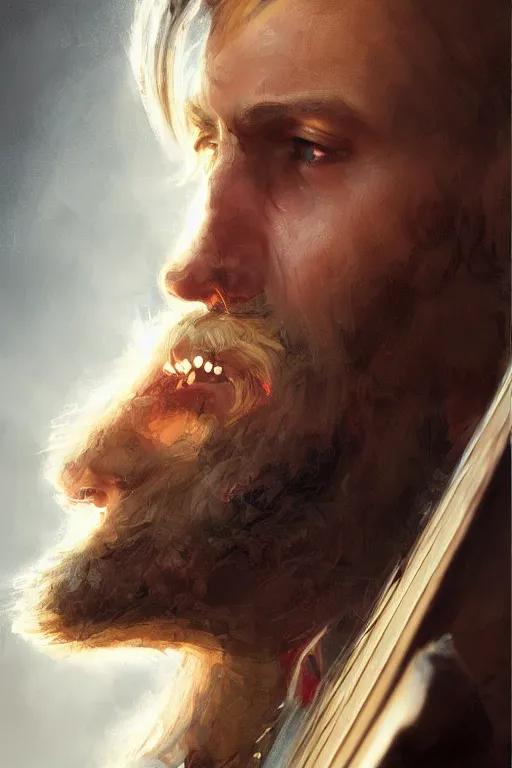 Image similar to blonde wild hair beard man, pirate eye - patch, playing guitare, close - up portrait, powerfull, intricate, elegant, volumetric lighting, scenery, digital painting, highly detailed, artstation, sharp focus, illustration, concept art, ruan jia, steve mccurry