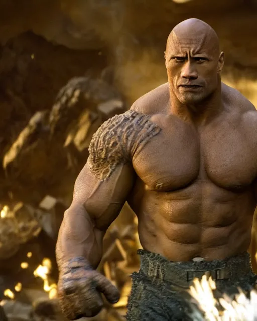 Image similar to dwayne johnson as ben grimm in the new fantastic four movie. dwayne is wearing an elaborate ben grimm style rock monster suit designed by rick baker. dwayne is wearing the fantastic four costume