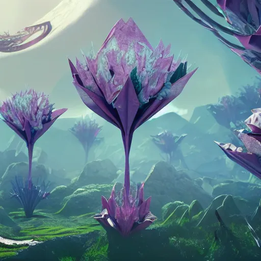 Image similar to an epic flowering alien landscape in the style of origami, 8 k, cinematic light, artstation