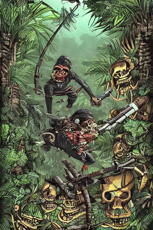 Image similar to a ninja sneaking around in the jungle surrounded by skeletons with ak - 4 7 artwork by eko nugroho