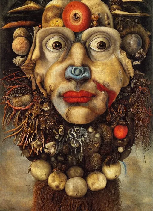 Prompt: a surreal painting of a ocean shaman's face, by Giuseppe Arcimboldo, symbolist, soft colors, dramatic lighting, smooth, sharp focus, extremely detailed, aesthetically pleasing composition