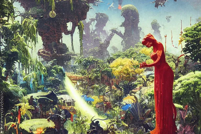 Image similar to pulp scifi illustration, space woman meets science fiction lizard in beautiful garden, flowers, baobab trees, distant town in valley and hills, spacehip lands, by norman rockwell, jack kirby, john berkey, bergey, craig mullins, ruan jia, raymond swanland, jeremy mann, beksinski, tom lovell, alex malveda, schomburg