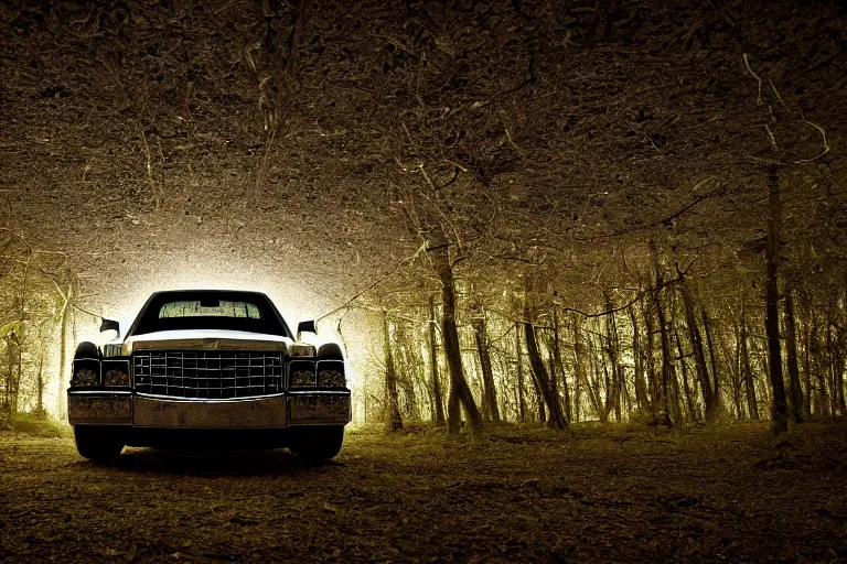 Image similar to a beautiful award - winning photo of a upsidedown, old cadillac, upsidedown in a dark forest, mushrooms, in a dark forest low light, by dimitri mellos