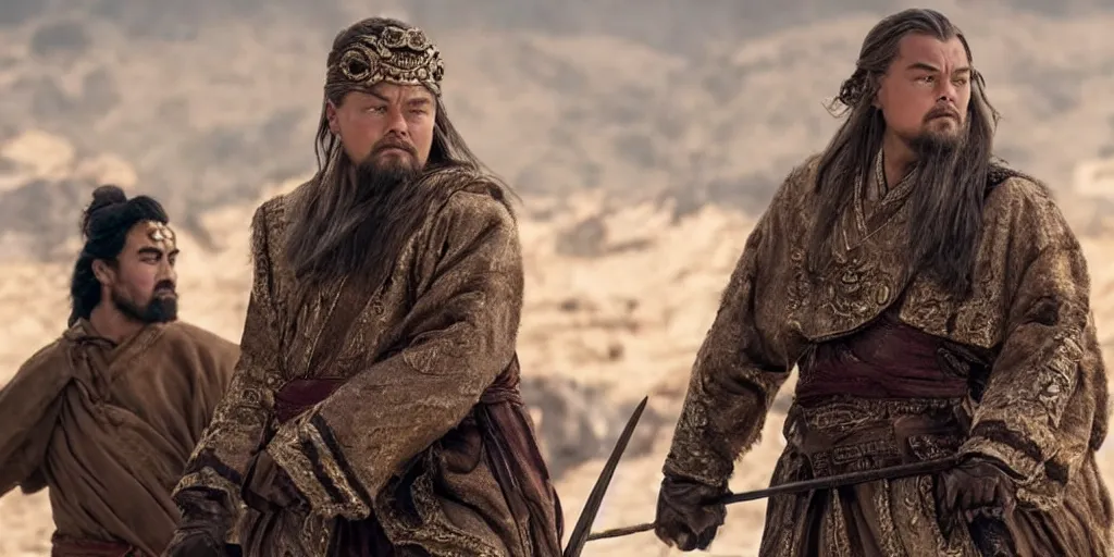 Image similar to Leonardo DiCaprio as Gengis Khan in 'Ghengis' (2021), movie still frame